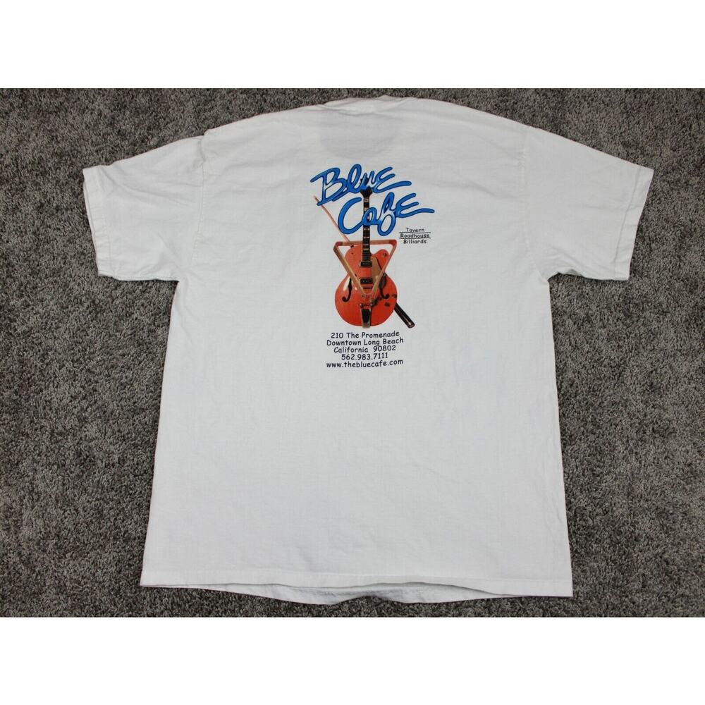 Hanes Blue Café Guitar Graphic T-Shirt Mens Large White Cotton Vintage - Picture 4 of 8